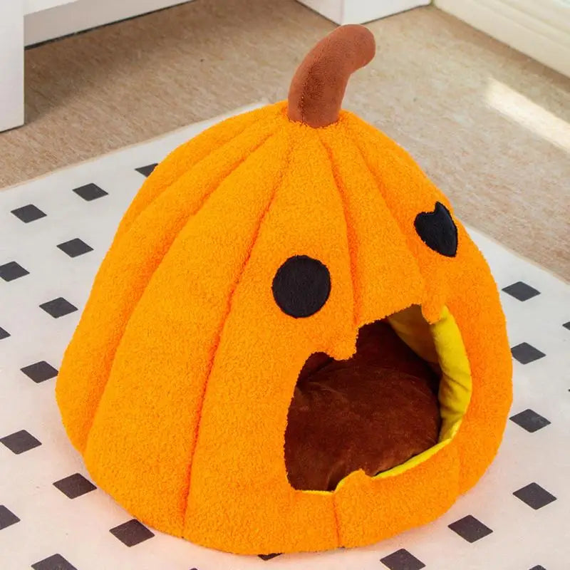 Caminha Abóbora Halloween para Gatos e Cães Pequenos – Macia, Divertida e com Design Semi‑Fechado