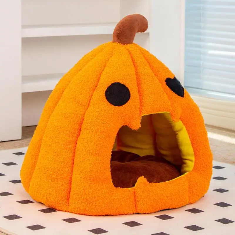 Caminha Abóbora Halloween para Gatos e Cães Pequenos – Macia, Divertida e com Design Semi‑Fechado